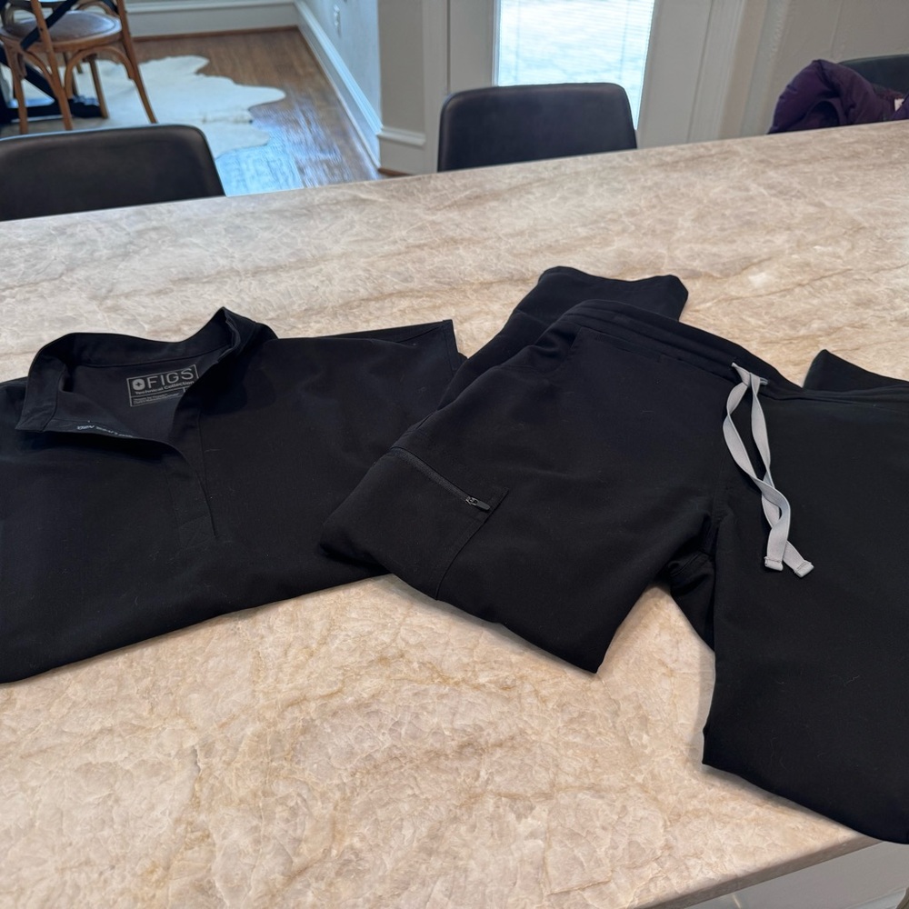 Figs Scrubs - black top and Yolo bottoms